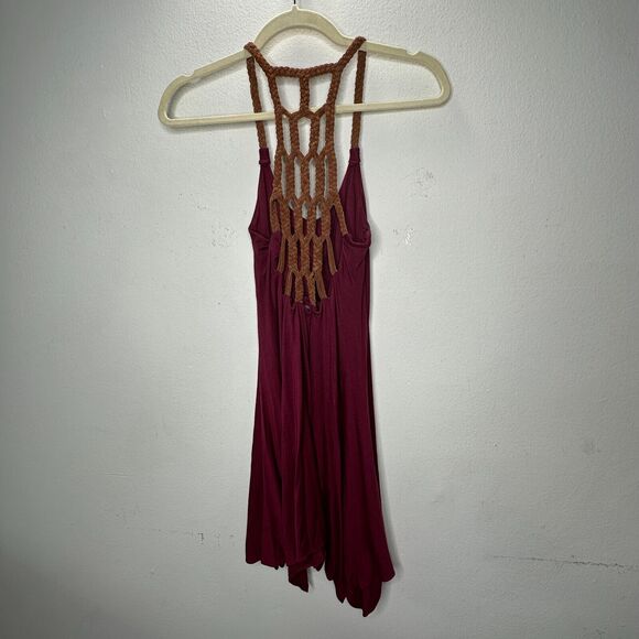 Sky Burgundy Scoop Neck Hand Braided Leather Design Back Strap Flowy Dress XS - Picture 5 of 14
